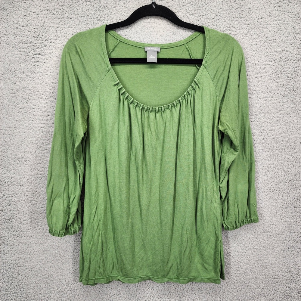 Ann Taylor Green Modal Wool Blend Scoop Neck Pleated 3/4 Sleeve Top Medium